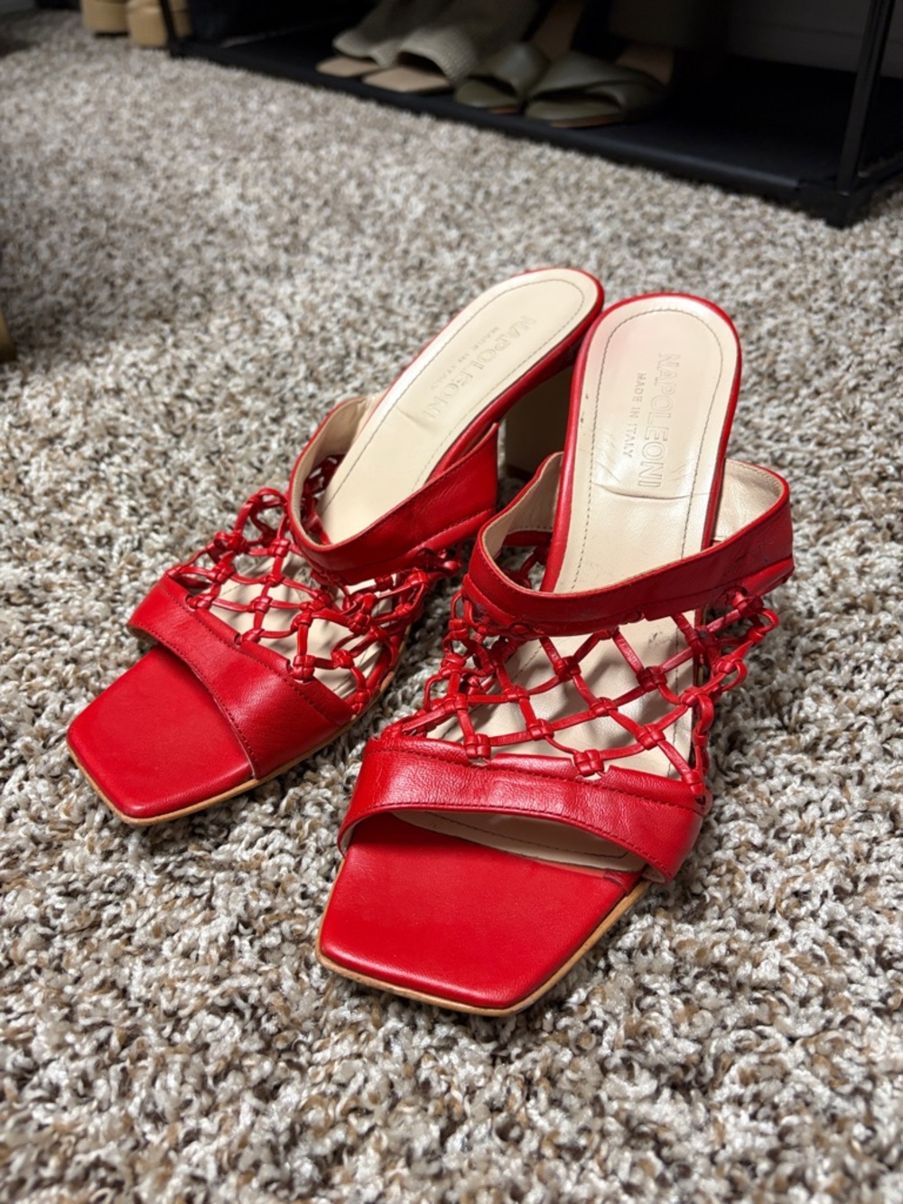 Red Woven Open-Toe Block Heel Mules